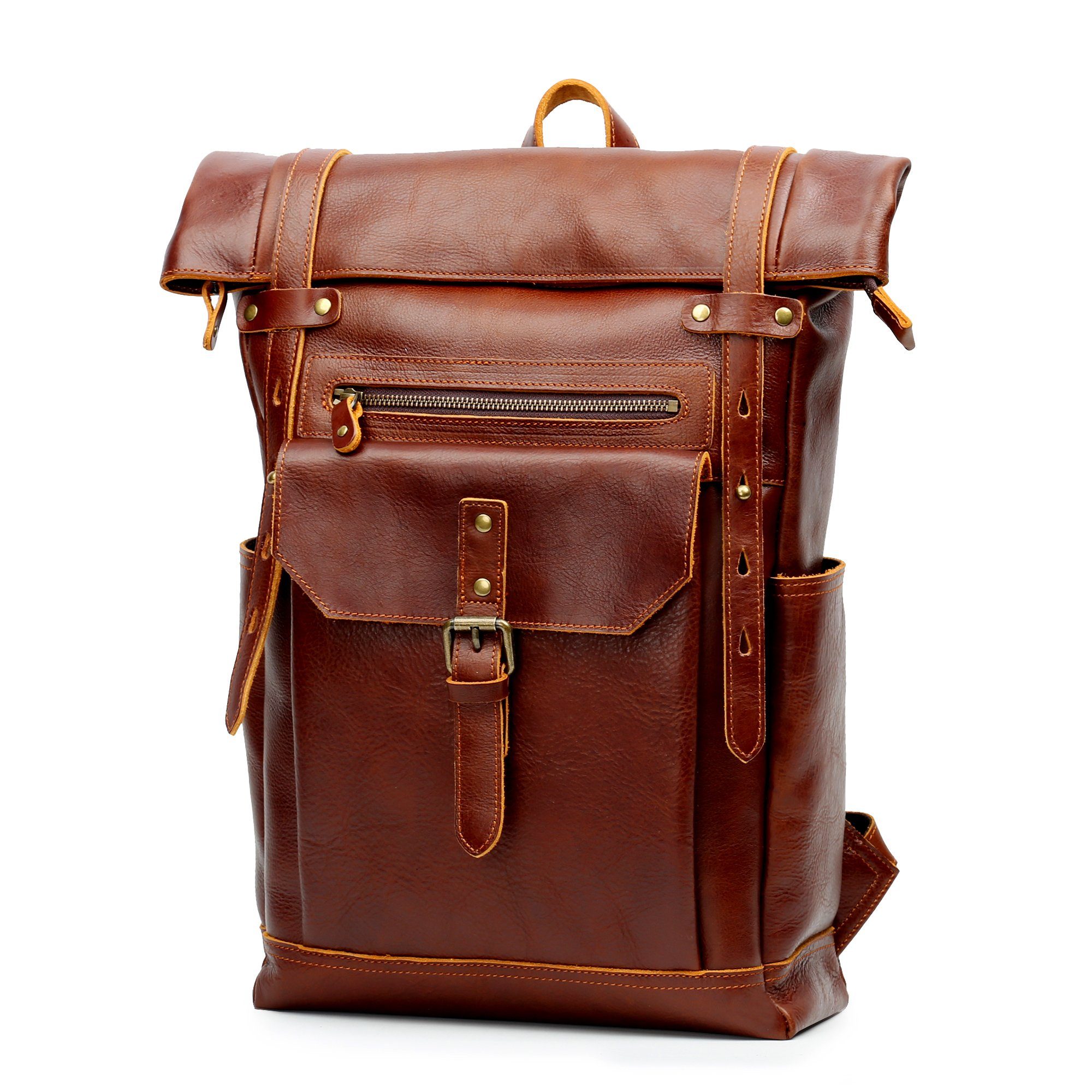 OKWISH Laptoprucksack Rucksack Schulrucksack Lederrucksack Reiserucksack Schultertasche (Vintage Echtes Leder Notebook Laptop Tasche Schule Uni Rucksack, Backpack mit Laptopfach, luxuriös, Luxus, Echtleder), für Herren Damen Jungen Teenager Freizeit