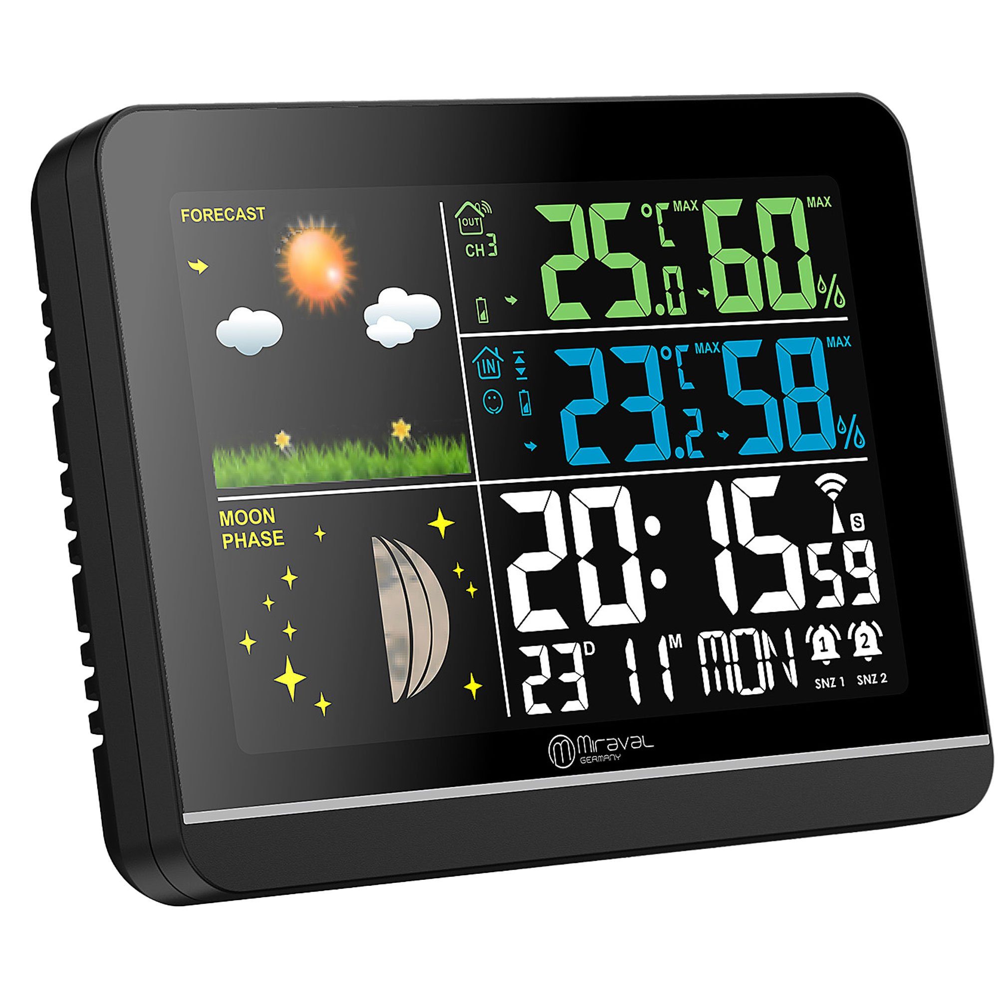 Miraval Miraval Wetterstation Farbdisplay Funkwetterstation (Außensensor Schimmelwarner Datumsanzeige Mondphase Frostalarm Wecker)
