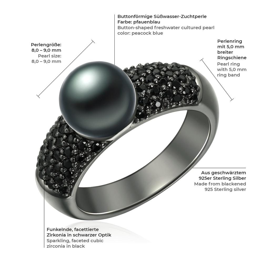 Valero Pearls Bague Argent sterling Oxyde de zirconium (CZ) Perle de culture d'eau douce en Noi Bague