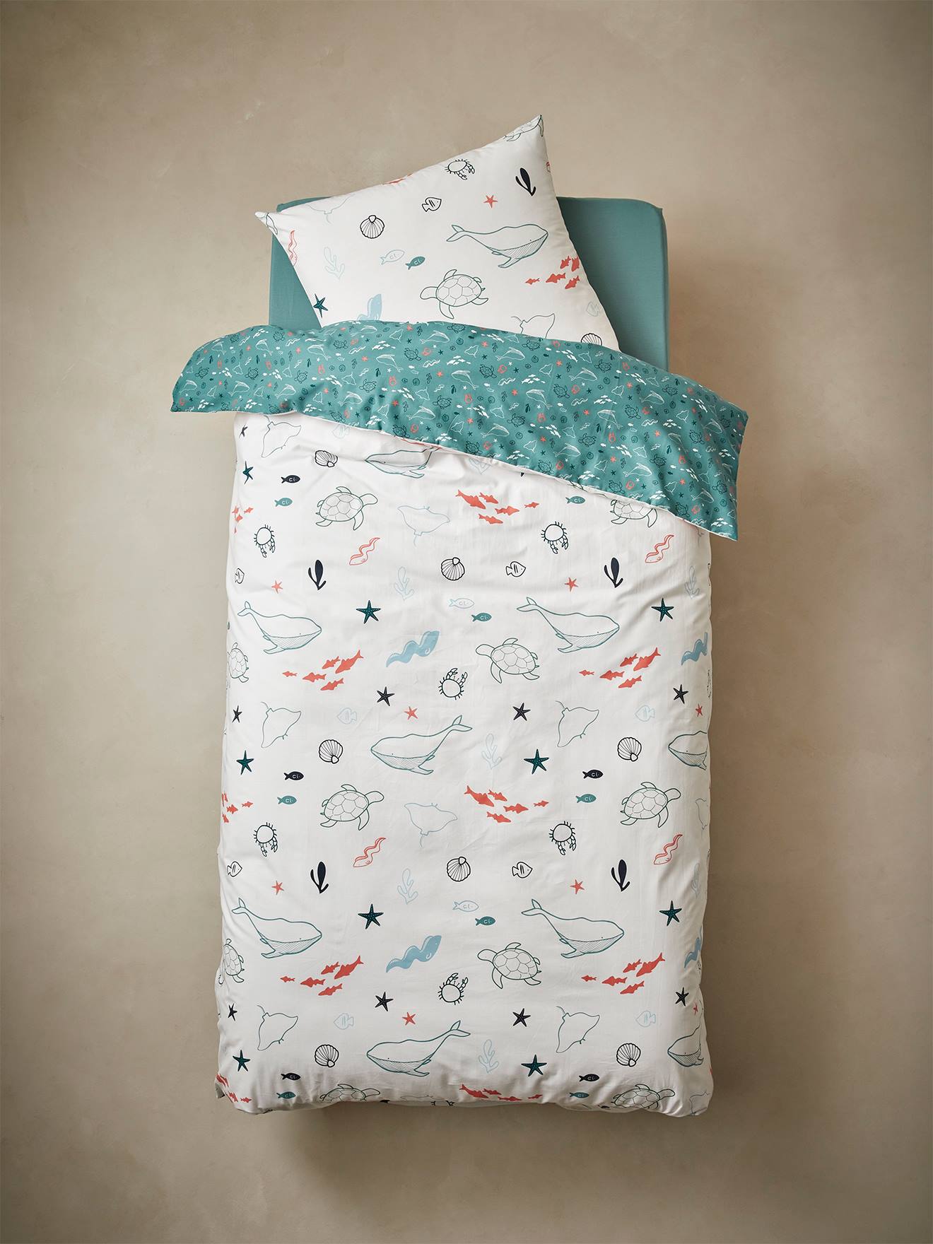 Vertbaudet Kinder Bettwäsche-Set MEERESTIEFE Oeko-Tex - wollweiß/aquamarin