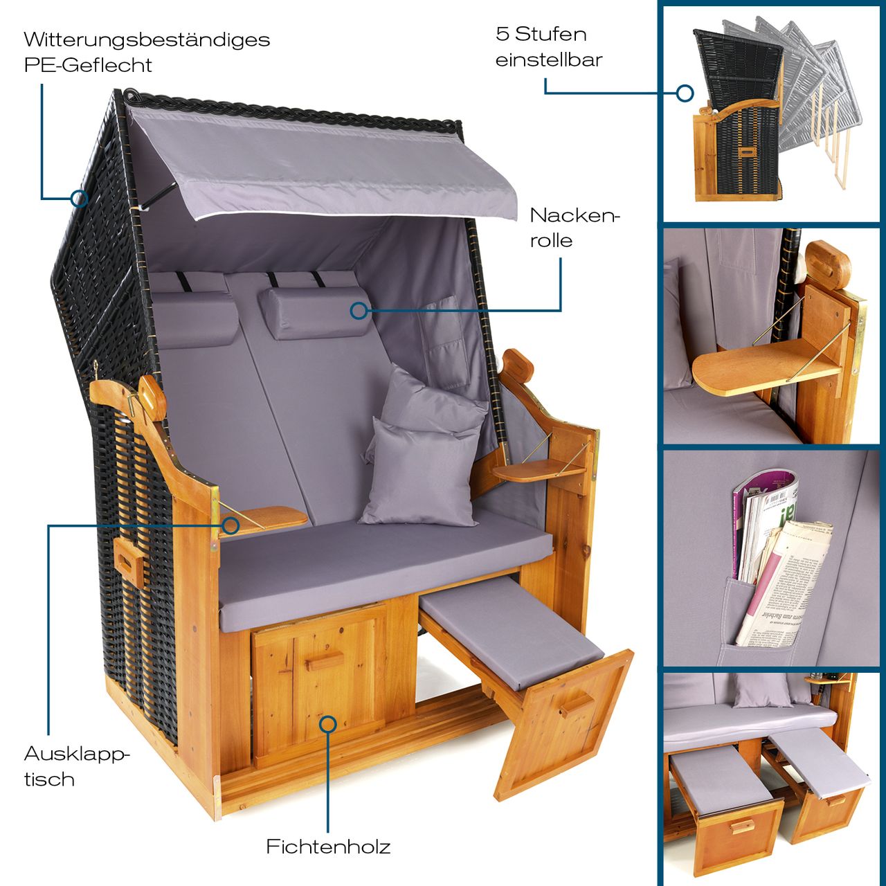 Hoberg Strandkorb 2-Sitzer, 120 x 80 x 160cm, Grau / Braun