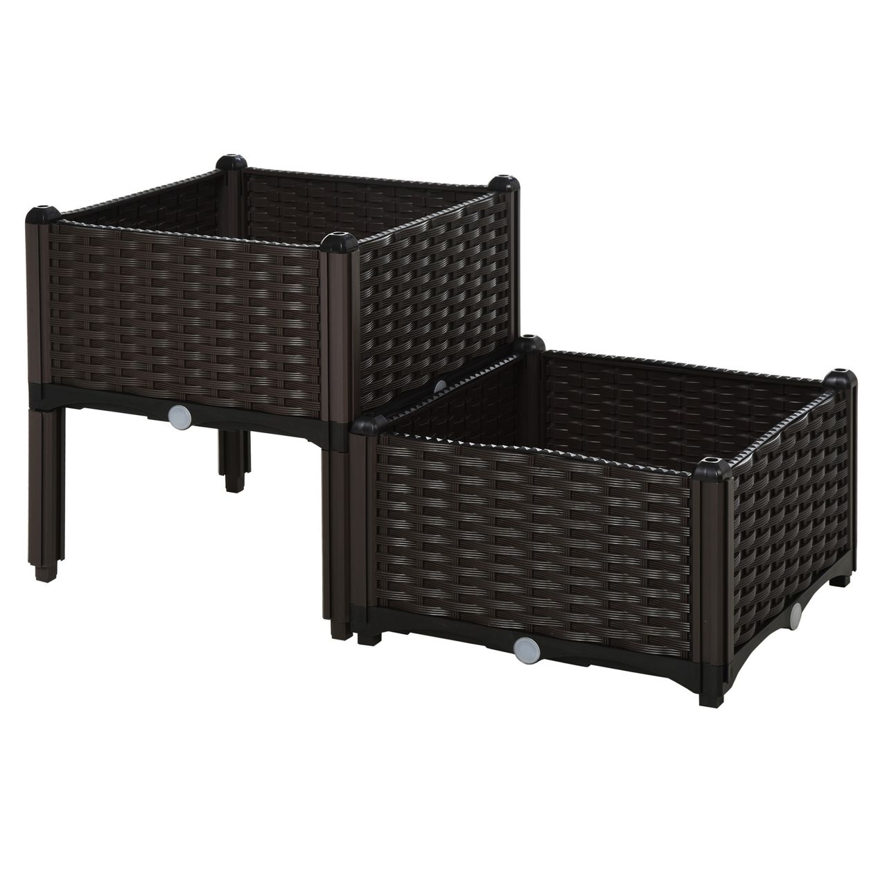 Outsunny Hochbeet 2-teiliger Pflanzkasten mit Abflusslöchern in Rattan-Look PP Braun 40 x 40 x 44 cm
