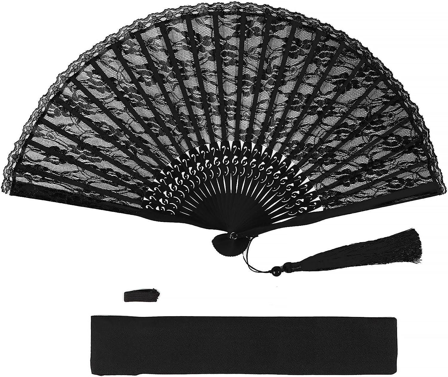 DRSEON Handfächer Spitzenfächer Mit Quaste Vintage Fächer (Schwarz)