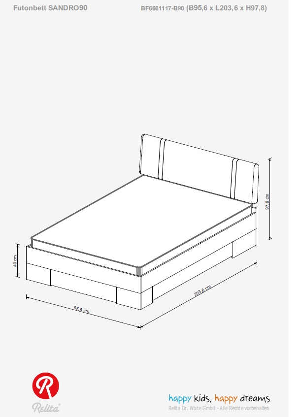 Relita Futonbett SANDRO 90 x 200 cm Liegefläche mit Polsterkopfteil, inkl. Lattenrost, Ausführung Weiß
