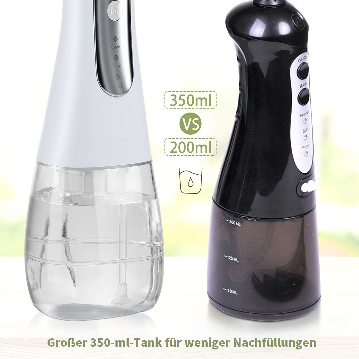 flowgoer Munddusche Schnurlose Munddusche 300 ml 2000 mAh Wasserflosser, Zahndusche, Offener Wassertank für verbesserte Mundhygiene mit 5 Modi und 5 Düsen