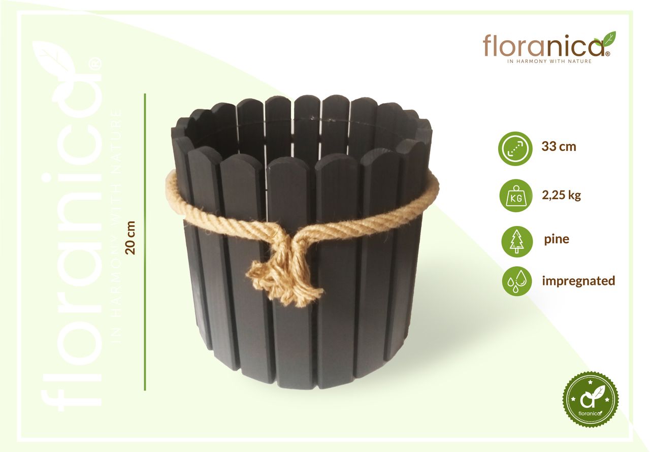 Pemicont Floranica Runder Blumentopf aus Holz 33x20cm Anthrazit Imprägnierte Kiefer Schutzhülle für Kräuter Blumen Haus- und Gartendekoration Truhe Innen- und Außeneinsatz EU-Produkt