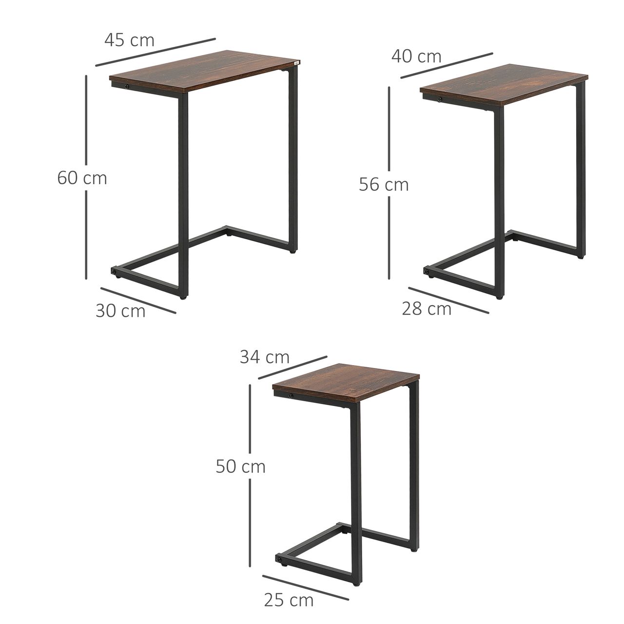 HOMCOM 3er-Set Beistelltische platzsparende Satztische mit Stahlgestell Braun