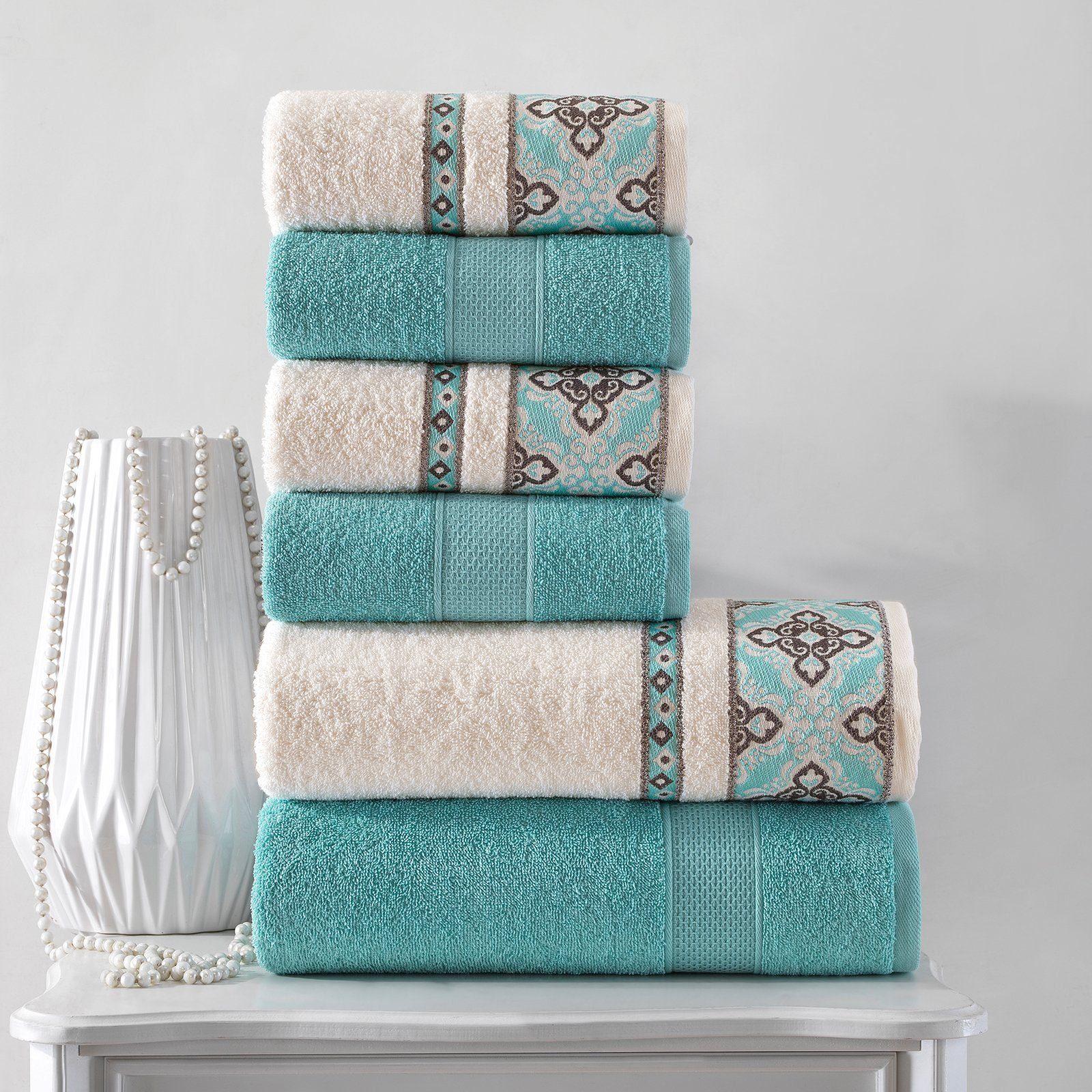 CLASS HOME COLLECTION Handtuch Set 6 TLG Frottee Set Handtuch Duschtuch 100% Baumwolle Jacquard Bordüre, (Set), Dekorative Bördüre
