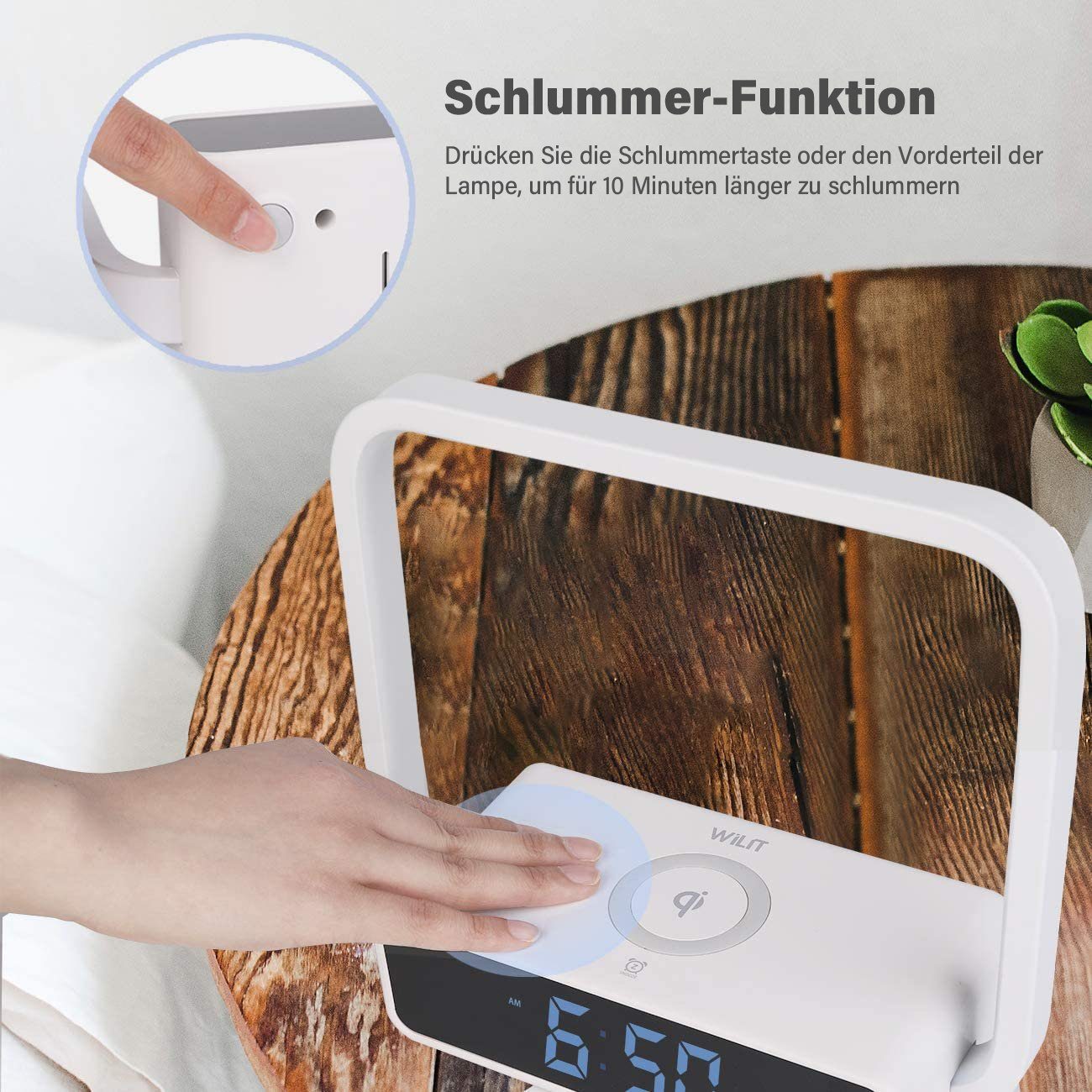 WILIT LED Nachttischlampe Tischleuchte Schlafzimmer Touch Tischlampe mit Ladefunktion Handy, LED fest integriert, Qi Ladefunktion, 3 Helligkeitsstufen, Wecker, Dimmbarer Display