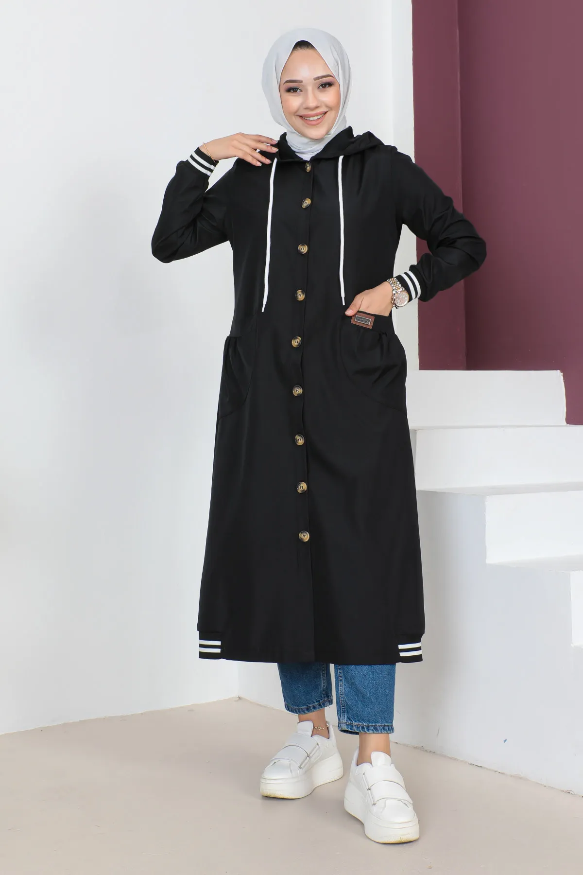 Tesettür Dünyası  Gerippter Trenchcoat TSD230638 Schwarz