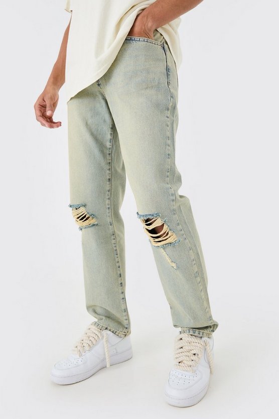 Lockere Jeans mit Riss am Knie in Antikem Blau
