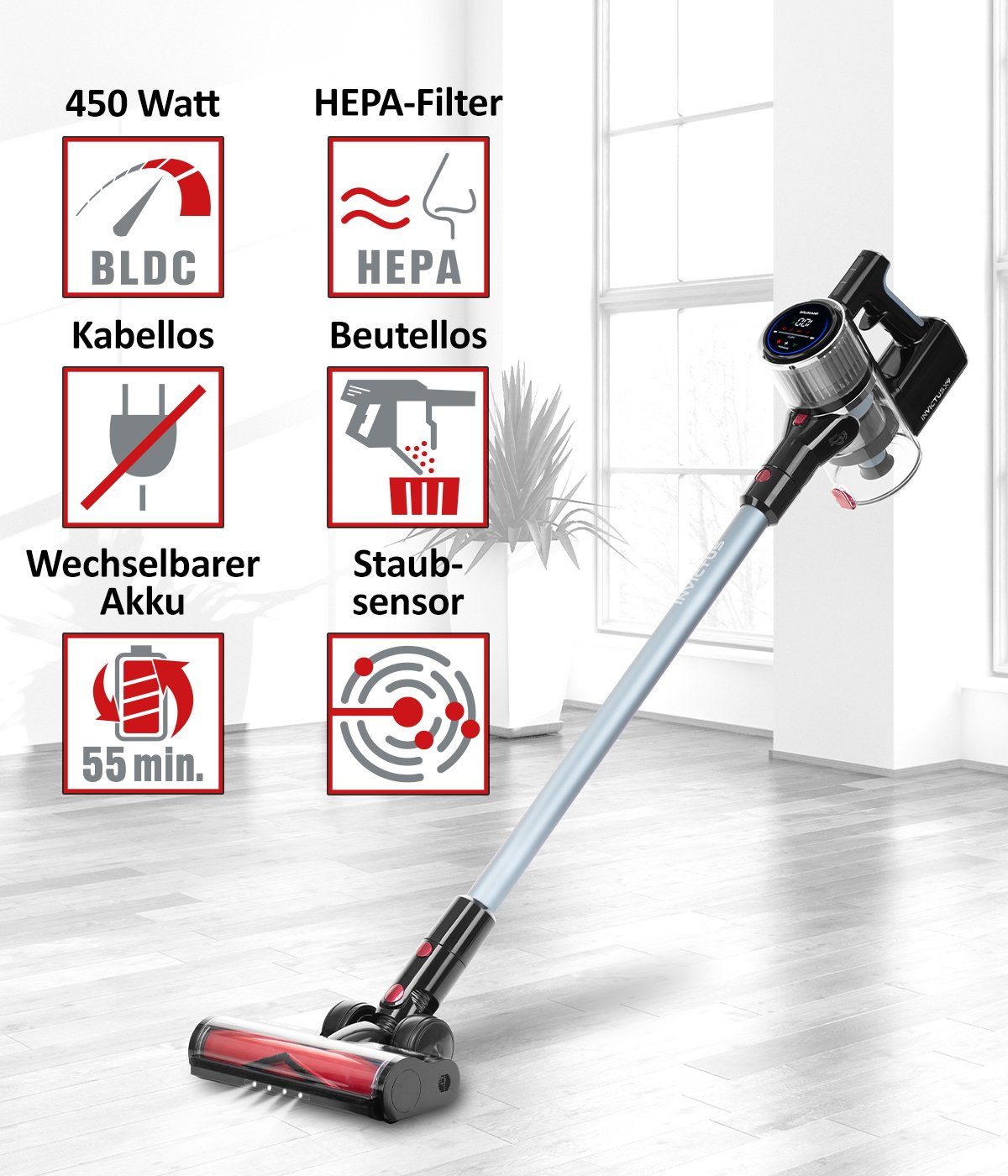Genius Akku-Stielstaubsauger Invictus X9 Facelift 19-tlg., Nass- und Trockensauger, 450,00 W, beutellos HEPA Filter, Akku Stielstaubsauger bis 55 Min Laufzeit Wandhalterung Kombi-Bürste