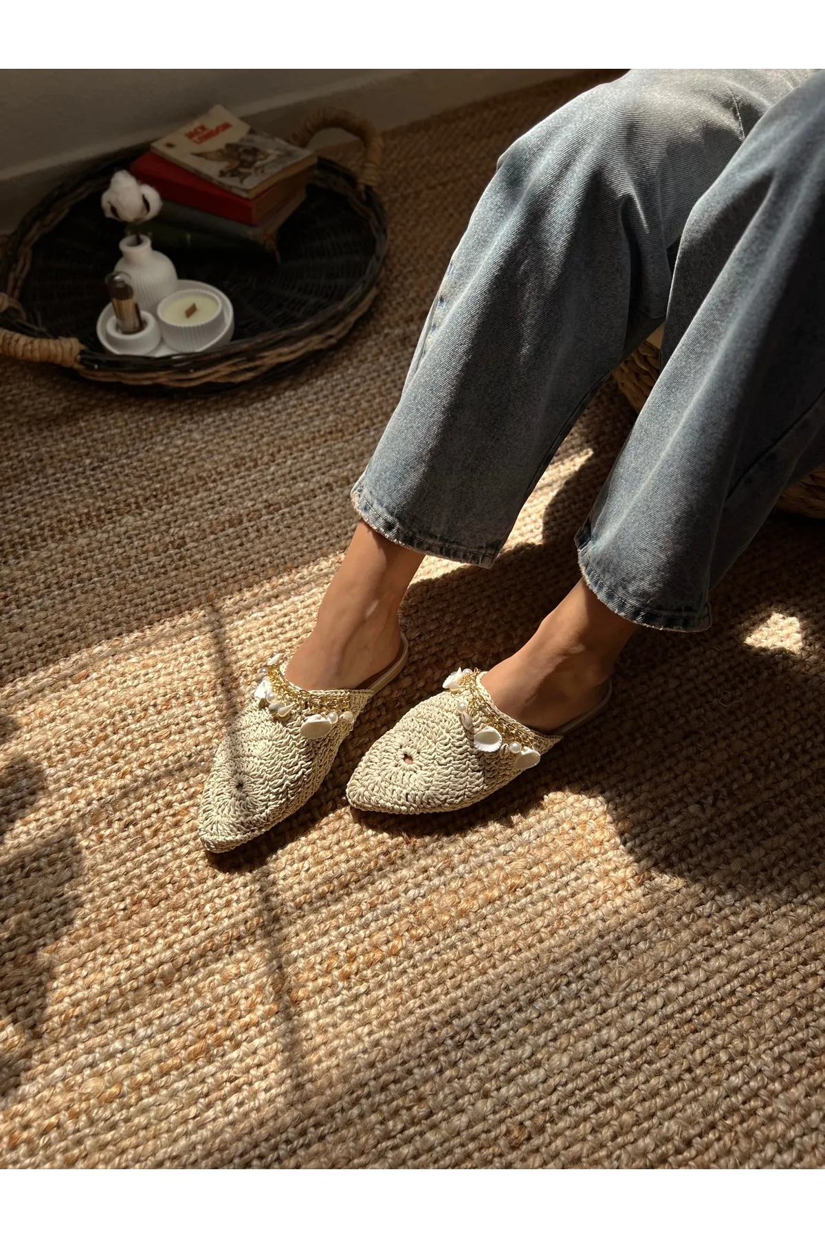 NİŞANTAŞI SHOES  Lisa Beige Gestrickte Damenhausschuhe mit Muscheldetails