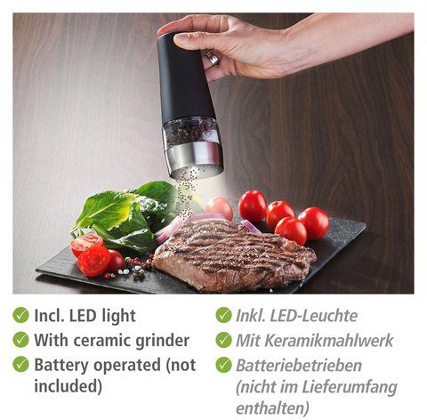WENKO Gewürzmühle 2in1 elektrisch, mit Keramikmahlwerk und LED-Leuchte