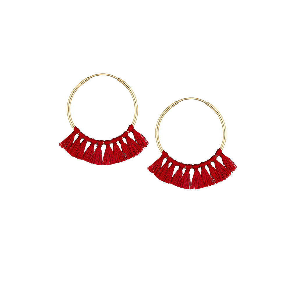 Elli Elli Boucles d'Oreilles Créole Boho Pompon Rouge Boucles d'oreilles Femme - Plaqu Boucles d'oreilles