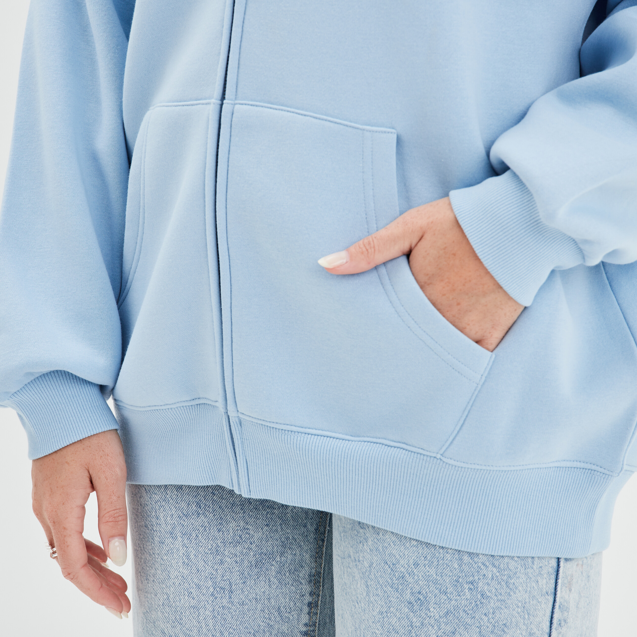 Sweat zippé à capuche oversize mi-long bleu gris femme | La Halle