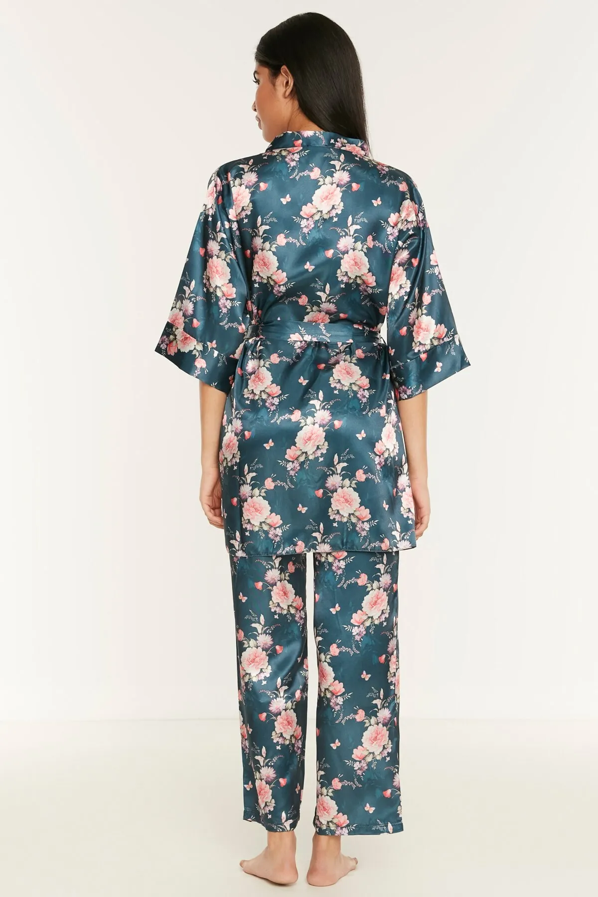 C&City  045 Gemustertes 3-teiliges Satin-Pyjama-Set für Damen Petrolgrün