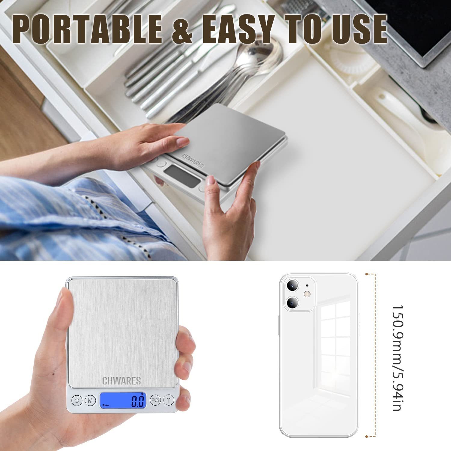 Tisoutec Küchenwaage Digitale Küchenwaage,USB-Aufladung,3 kg/0,1 g Mini-Lebensmittelwaage, (Elektrische Küchenwaage,Wasserdicht,Digital,Wiederaufladbar, LCD-Display,Edelstahl)