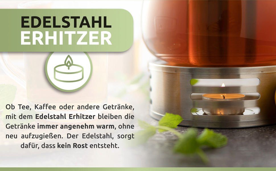 PORADA Teekanne Teekanne aus Glas 1000 ml Edelstahl Erhitzer Teesieb, Tee Teekocher, 1 l, (Set, x1 Tekanne 1000ml, x1 Erhitzer, x1 Teesieb, x1 Deckel), handarbeit, extra Erhitzer, Stövchen, Edelstahl, Borosilikatglas