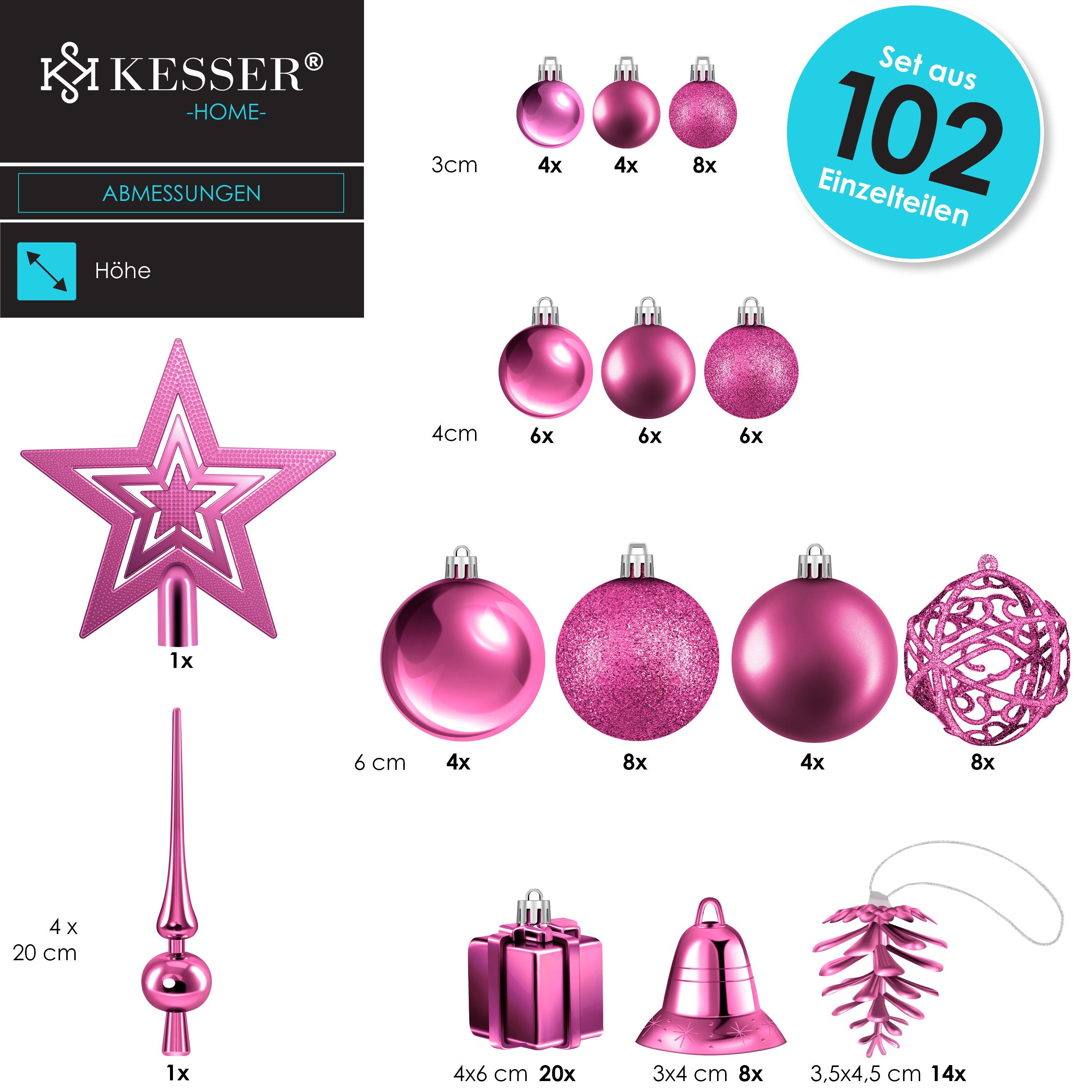 KESSER Christbaumschmuck (102-tlg), Weihnachtskugeln 102-teiliges Set Baumspitze Christbaumkugeln