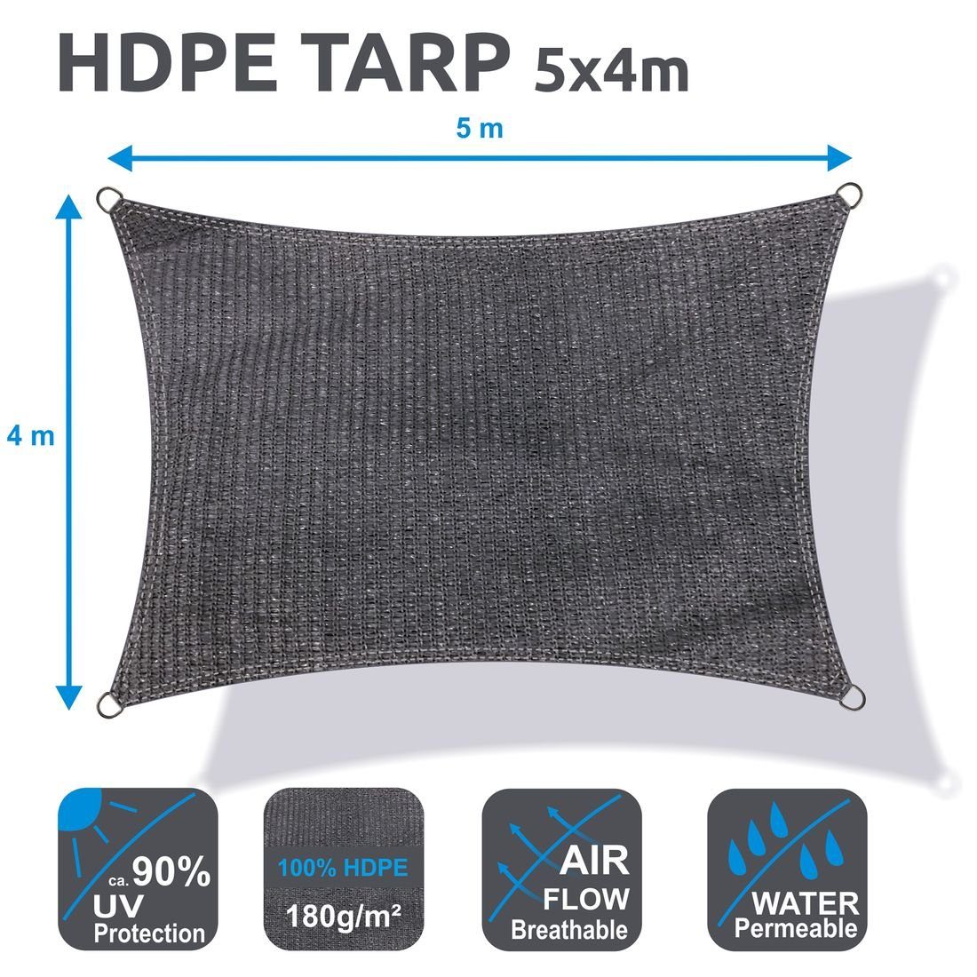 yourGEAR Sonnensegel yourGEAR Sonnensegel 4 x 5 m HDPE Tarp Haus-Markise UV Sonnenschutz