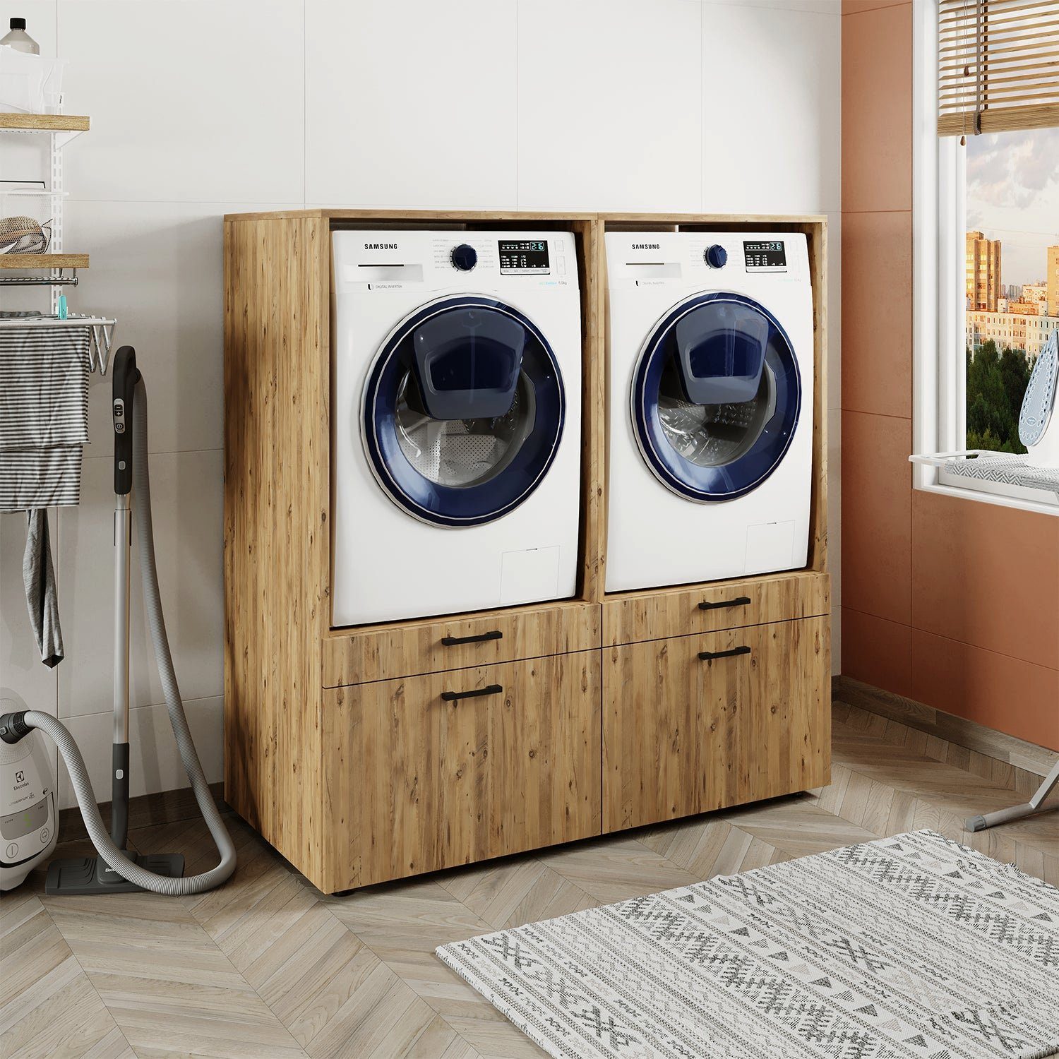 Roomart Waschmaschinenumbauschrank (Waschmaschinenschrank mit Schublade Überbauschrank Doppelschrank)
