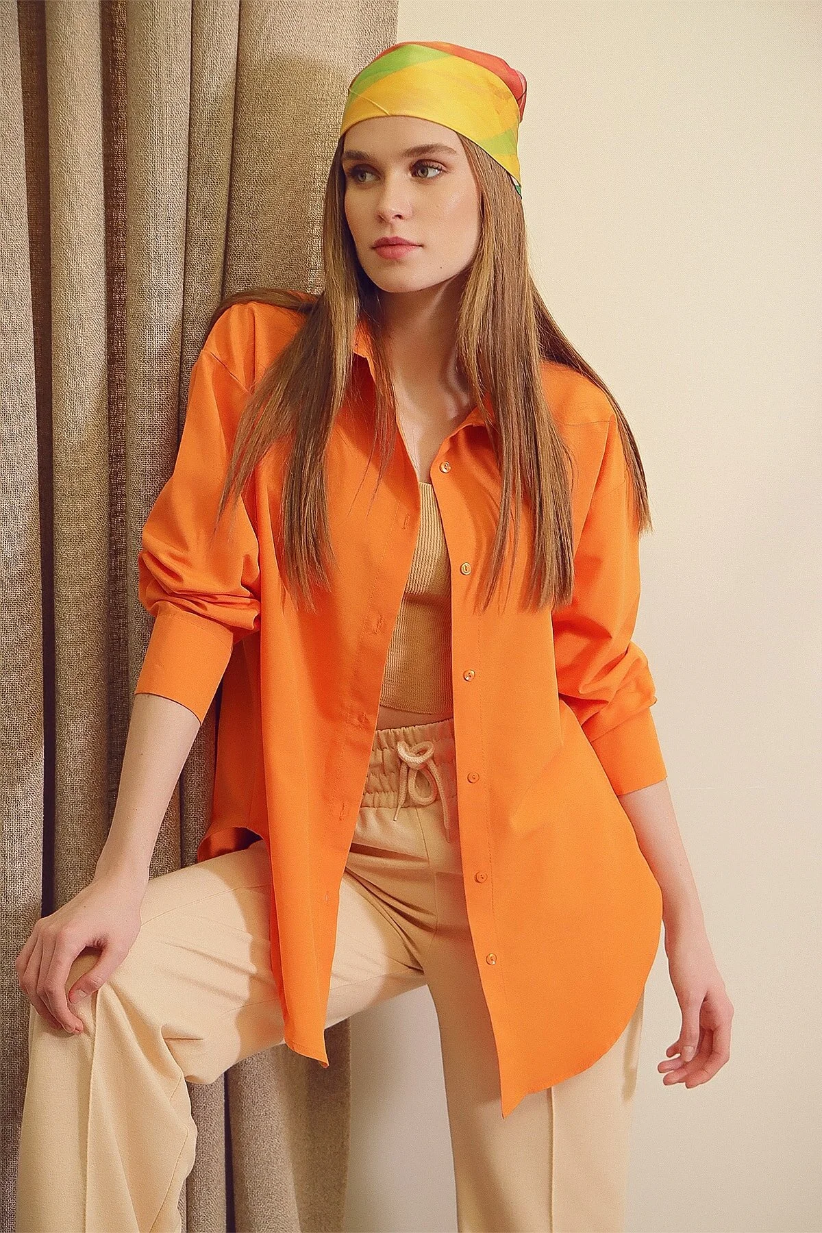 Trend Alaçatı Stili  Orangefarbenes, langes, gewebtes Oversize-Hemd für Damen ALC-X6828