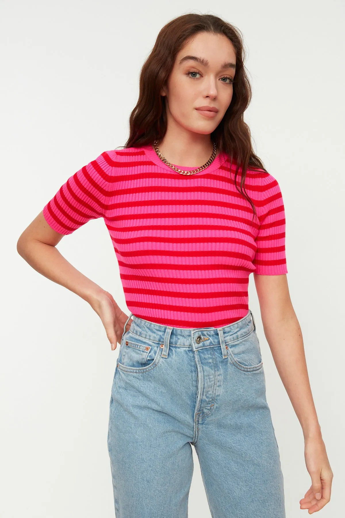Trendyol Collection  Fuchsia Basic Gestreifter Strickpullover TWOSS20KZ0075
