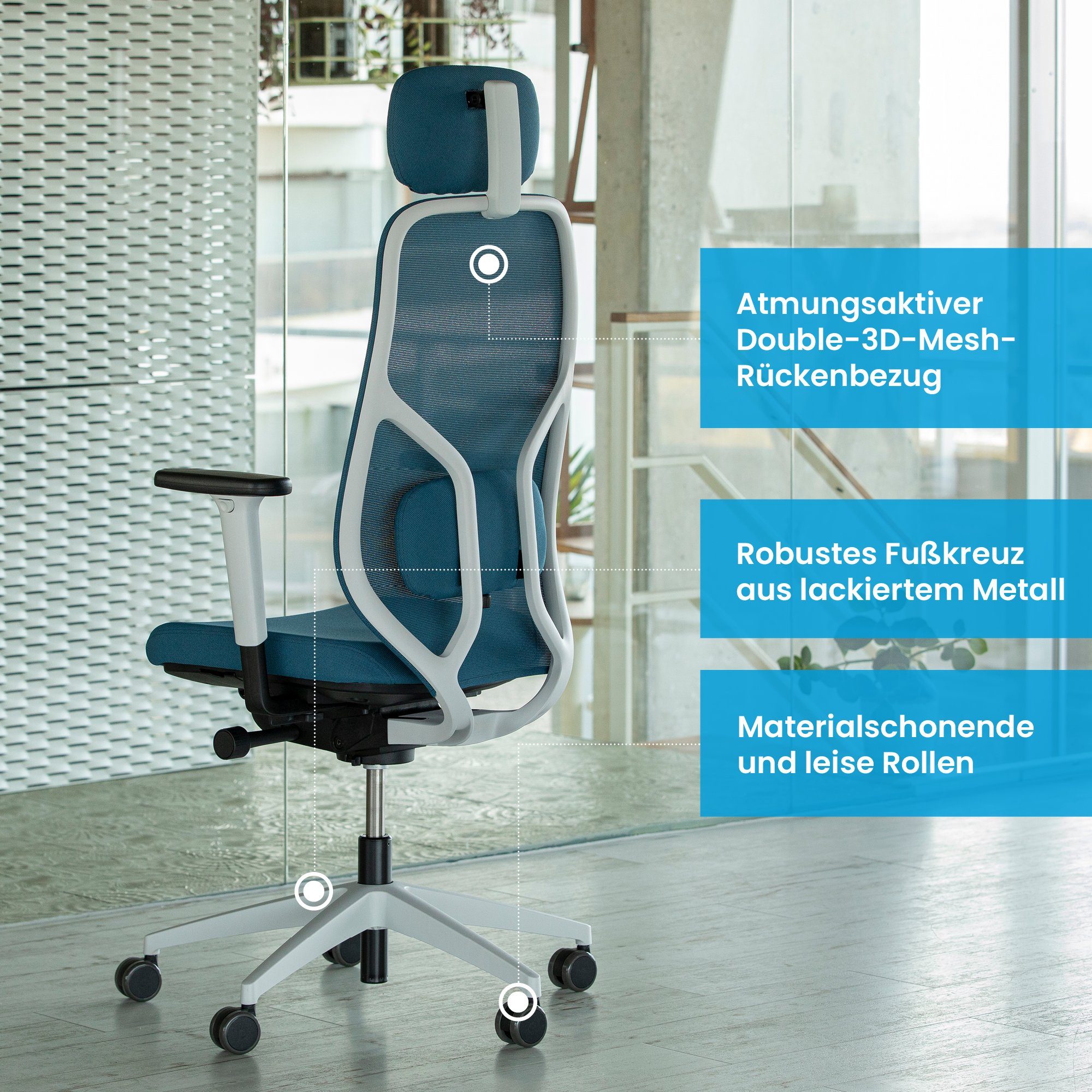 Ergotopia Bürostuhl MasterBack ergonomischer Schreibtischstuhl mit Kopfstütze (bereits montiert), 3D Neigungsmechanik, Synchronmechanik, 3D Armlehnen