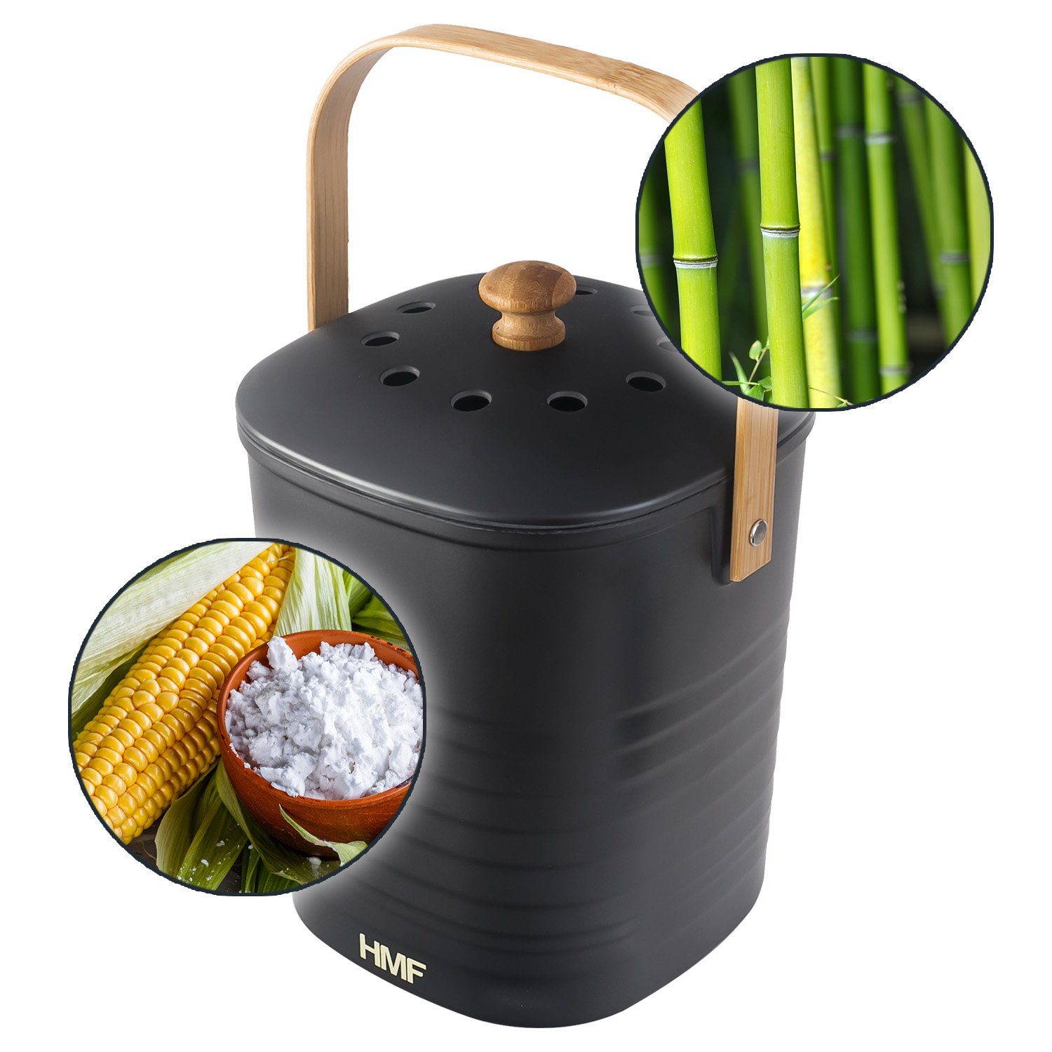 HMF Biomülleimer Komposteimer mit Aktivkohlefilter, kleiner Abfalleimer für die Küche mit Deckel, 3L, Schwarz