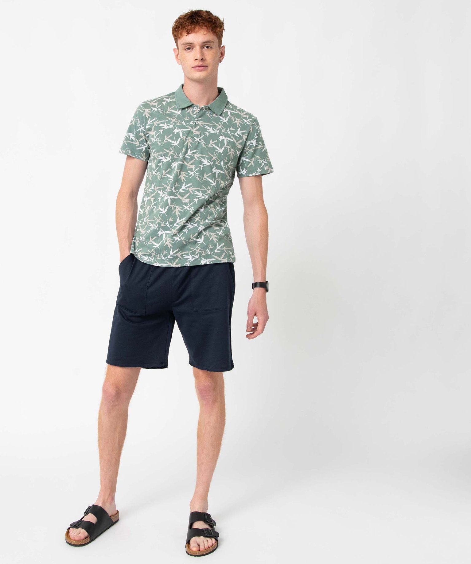 Polo homme à manches courtes avec motif feuillage vert | GEMO