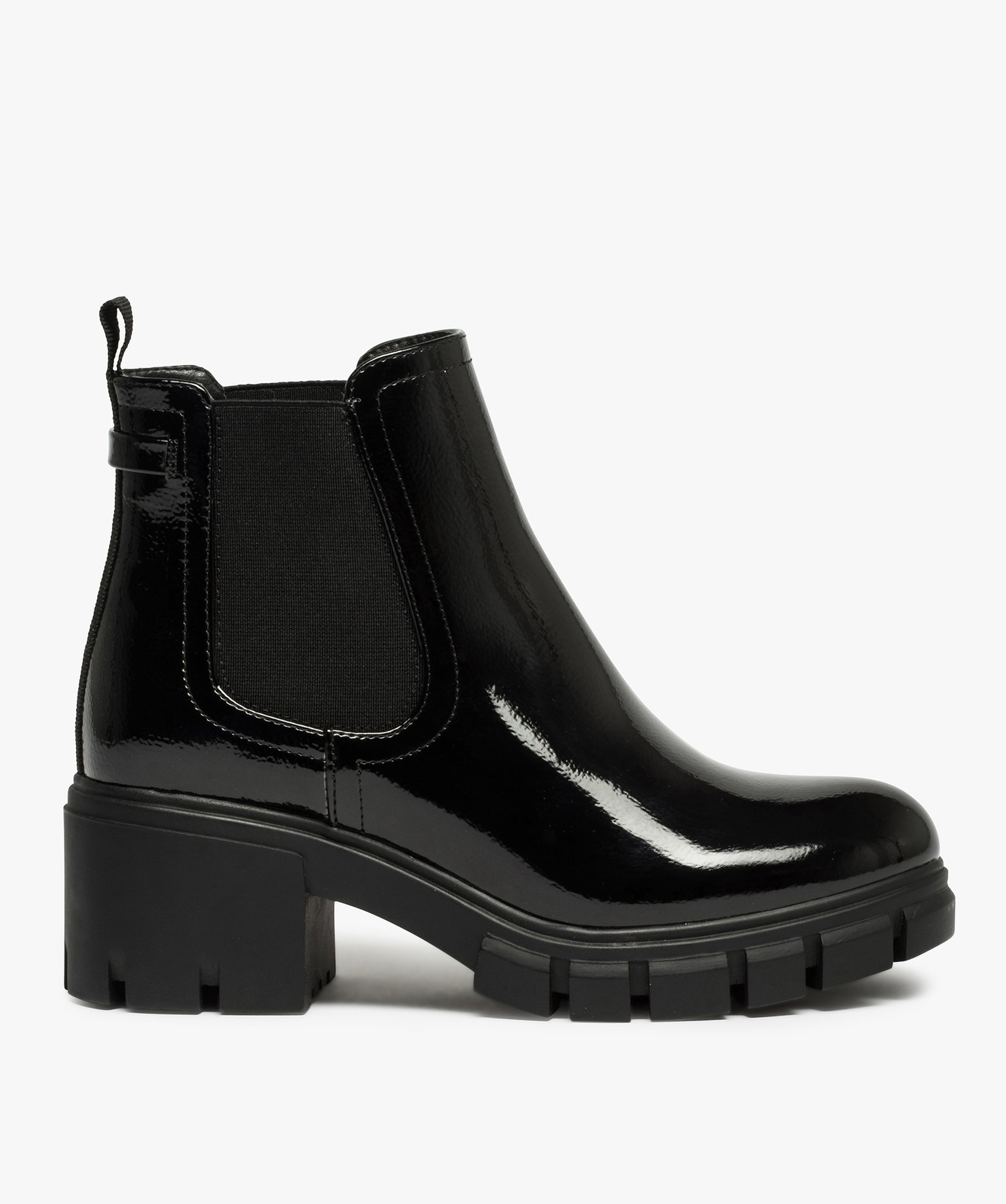 Boots femme à talon carré et semelle crantée dessus verni noir | GEMO