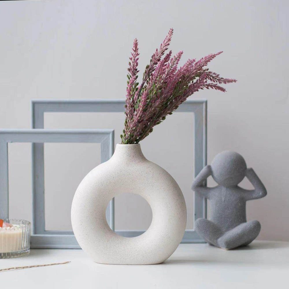 zggzerg Dekovase Keramik Vase für Pampasgras, Beige Donut Vase Deko Wohnzimmer Runde