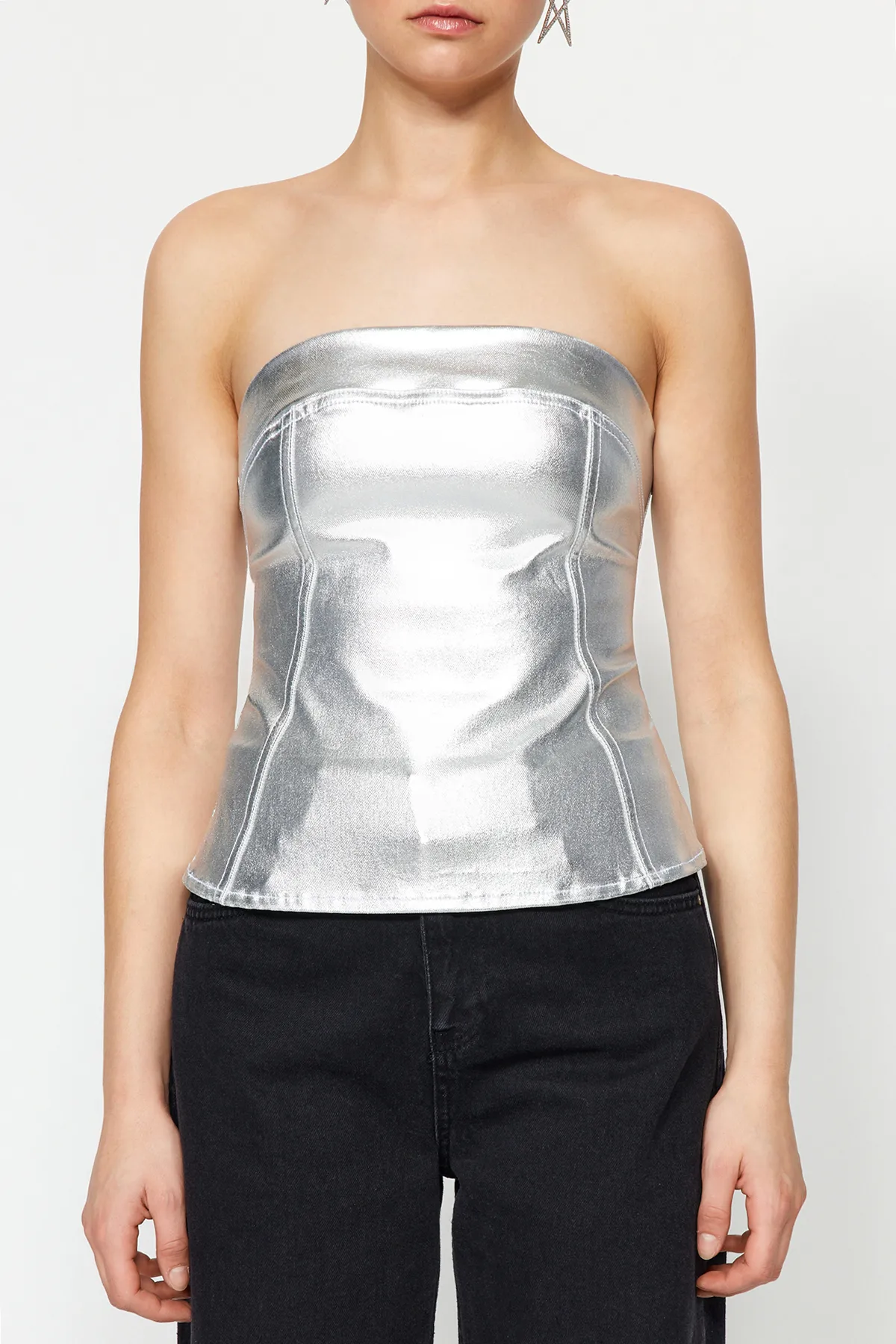Trendyol Collection  Silbernes Denim-Bustier TWOAW24BS00012