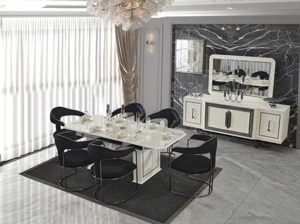 JVmoebel Esszimmer-Set Esszimmer Garnitur Esstisch 4x Stühle Lehnstuhl Anrichte Spiegel., (7-St)