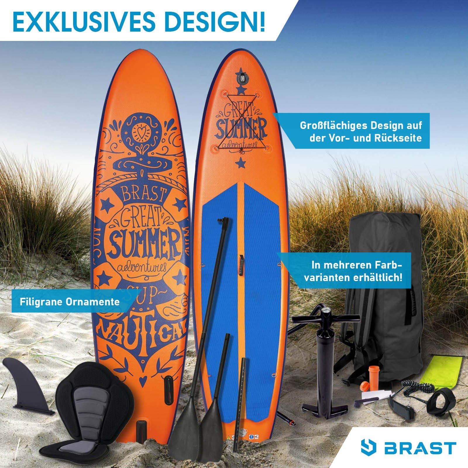 BRAST SUP-Board Summer Aufblasbares Stand up Paddle Set - 320x81x15cm, 5 Jahre Garantie inkl. Sonderzubehör, (2in1 Paddel Kajak-Sitz Action-Cam-Halterung), Fußschlaufe Paddel Pumpe Rucksack