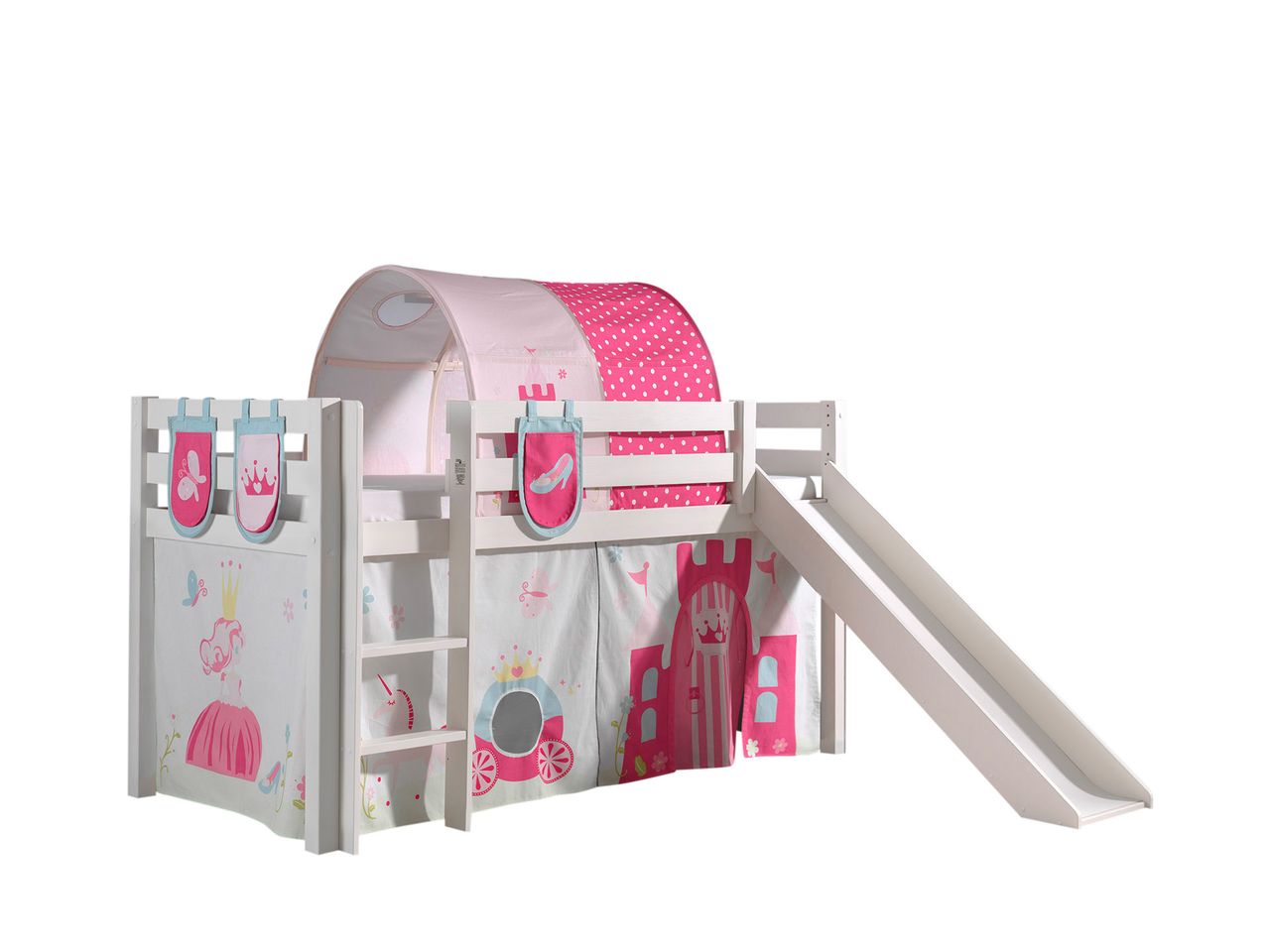 VIPACK Spielbett Pino inkl. Rutsche mit Textilset Vorhang, Tunnel und 3 Taschen 
