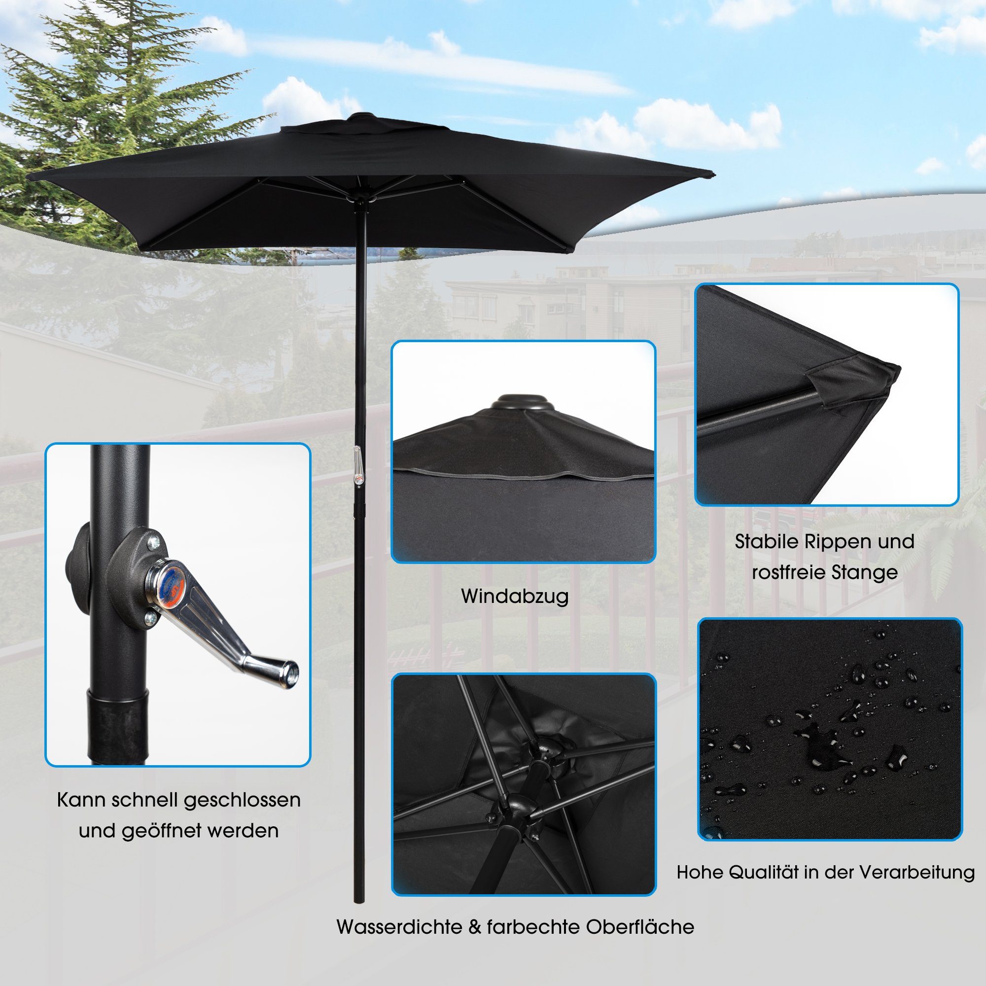 JINPALAY Gartenlounge-Set mit 4 Gartenstühle, 1 Tisch aus Glas, 1 Sonnenschirm, (6-tlg)