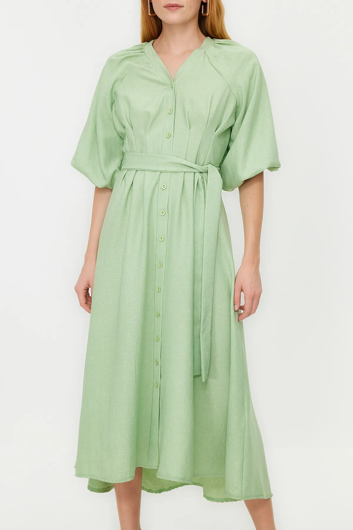 Trendyol Modest  Grünes gewebtes Leinenkleid TCTSS24EB00014