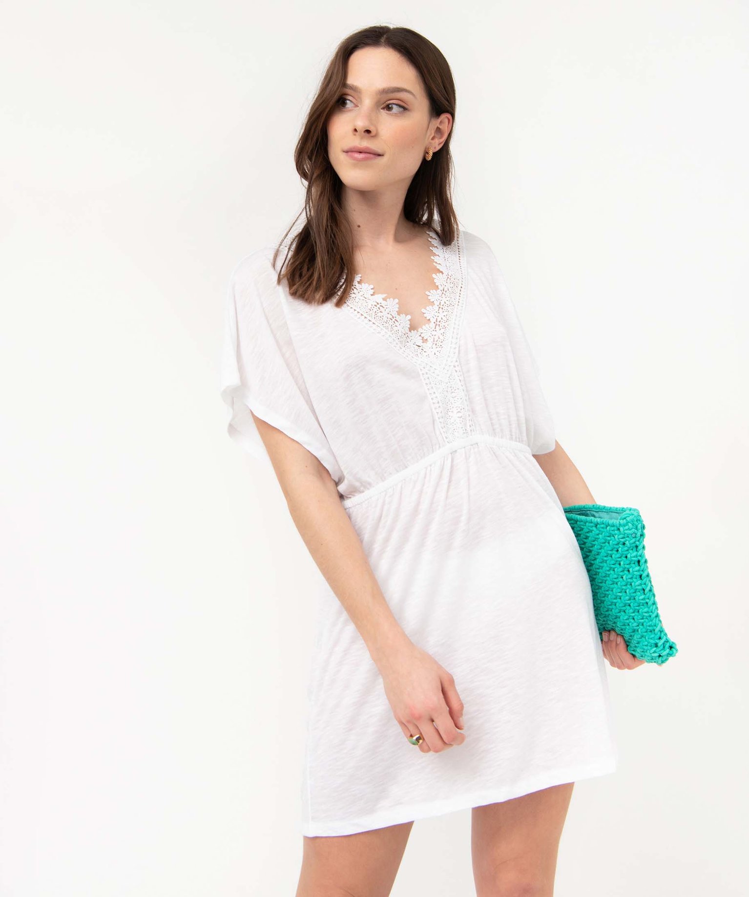 Robe de plage femme avec col en dentelle blanc | GEMO