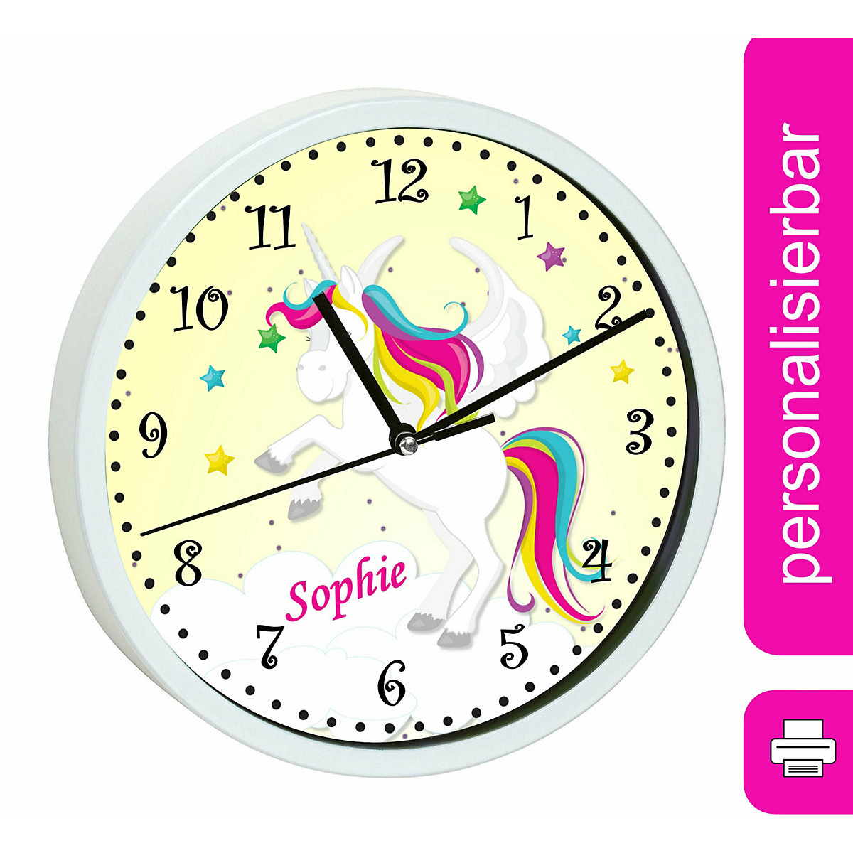 Kinder Wanduhr personalisiert mit Name Pegasus Gelb