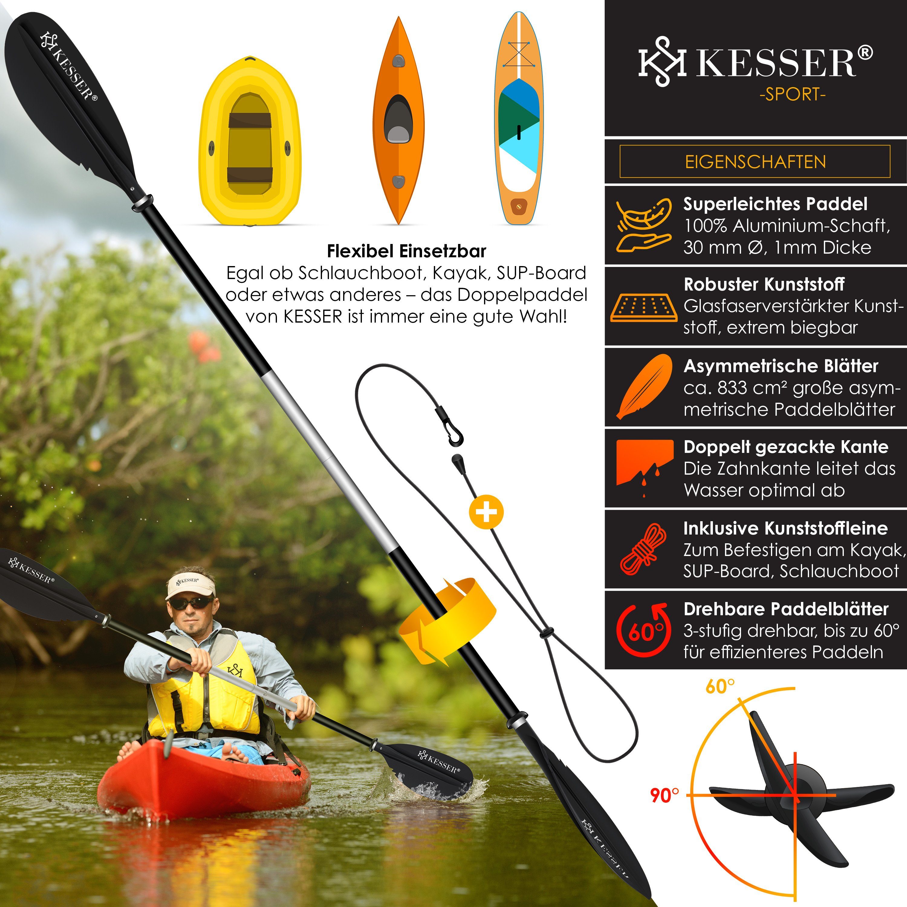 KESSER SUP-Paddel, Paddle Doppelpaddel 4-teilig für Kanu Kayak SUP Stand-Up