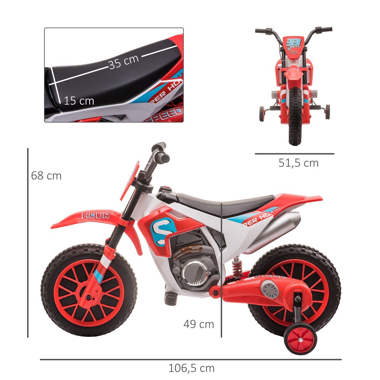HOMCOM Elektromotorrad Kindermotorrad Kinderfahrzeug Elektrofahrzeug mit 2 abnehmbaren Stützrädern für Kinder ab 3 Jahren PP Metall Rot Weiß 106,5 x 51,5 x 68 cm