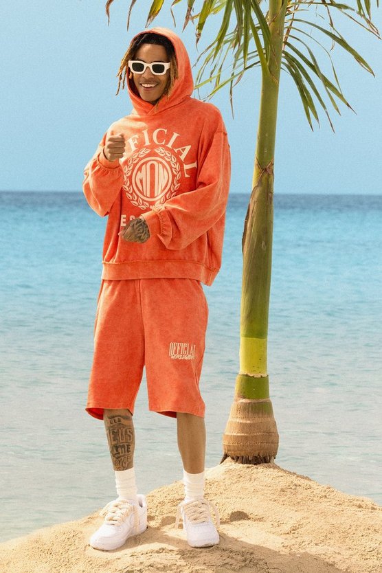 Kurzer kastiger Hoodie-Trainingsanzug mit Print