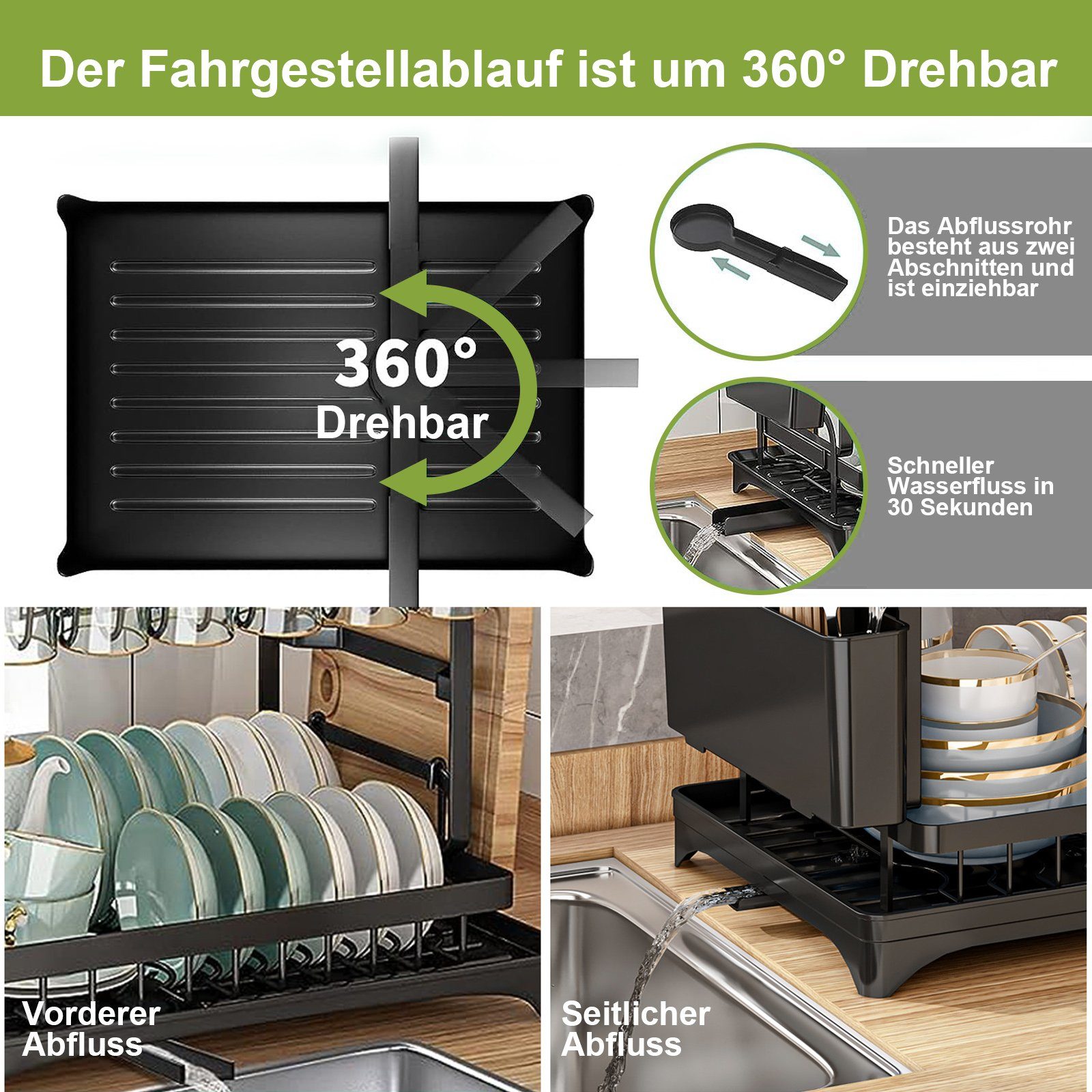Aoucheni Geschirrständer Abtropfgestell Geschirr, 2-stufiges Geschirrabtropfgestell Edelstahl, Zubehör für für Geschirr/Messer/Becher/Schneidebrett, Geschirr-Trockengestell für Küchentheke