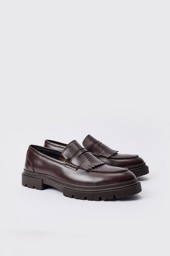 Braune PU-Loafer mit klobiger Sohle und Fransen