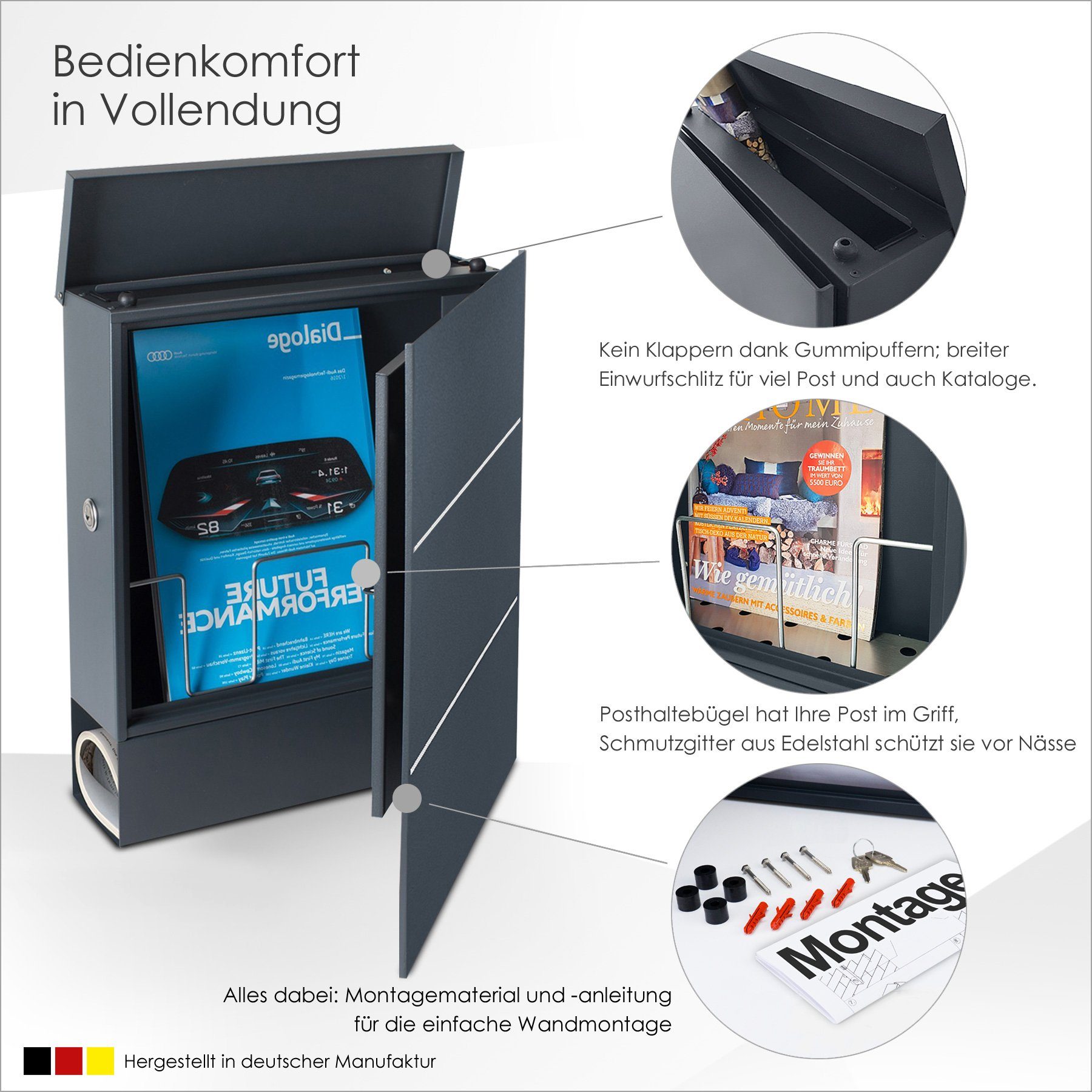 MOCAVI Briefkasten MOCAVI Box 141R Design-Briefkasten mit Zeitungsfach anthrazit-grau (RAL 7016) mit Edelstahl-Detail, integriert, passender Verschluss (zusätzlich bestellbar) für Wetterseite, beidseitig nutzbar: Box Vers 1 7016, Box Vers 1 VA