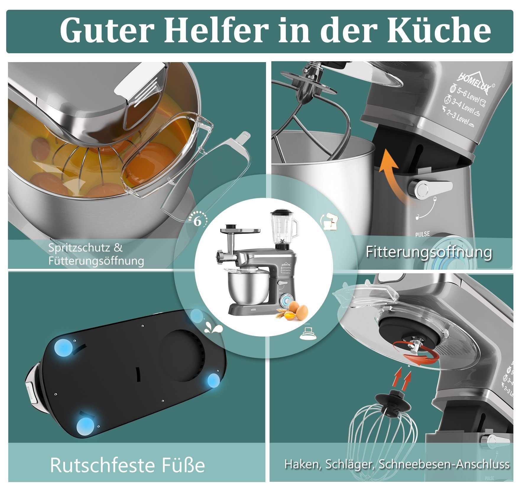 HOMELUX Küchenmaschine 3in1 Multifunktions Standmixer, 2000 W, 5 l Edelstahlschüssel, 2000,00 W, 5,00 l Schüssel, 6 Geschwindigkeiten Knetmaschine, Fleischwolf, Rührmaschine
