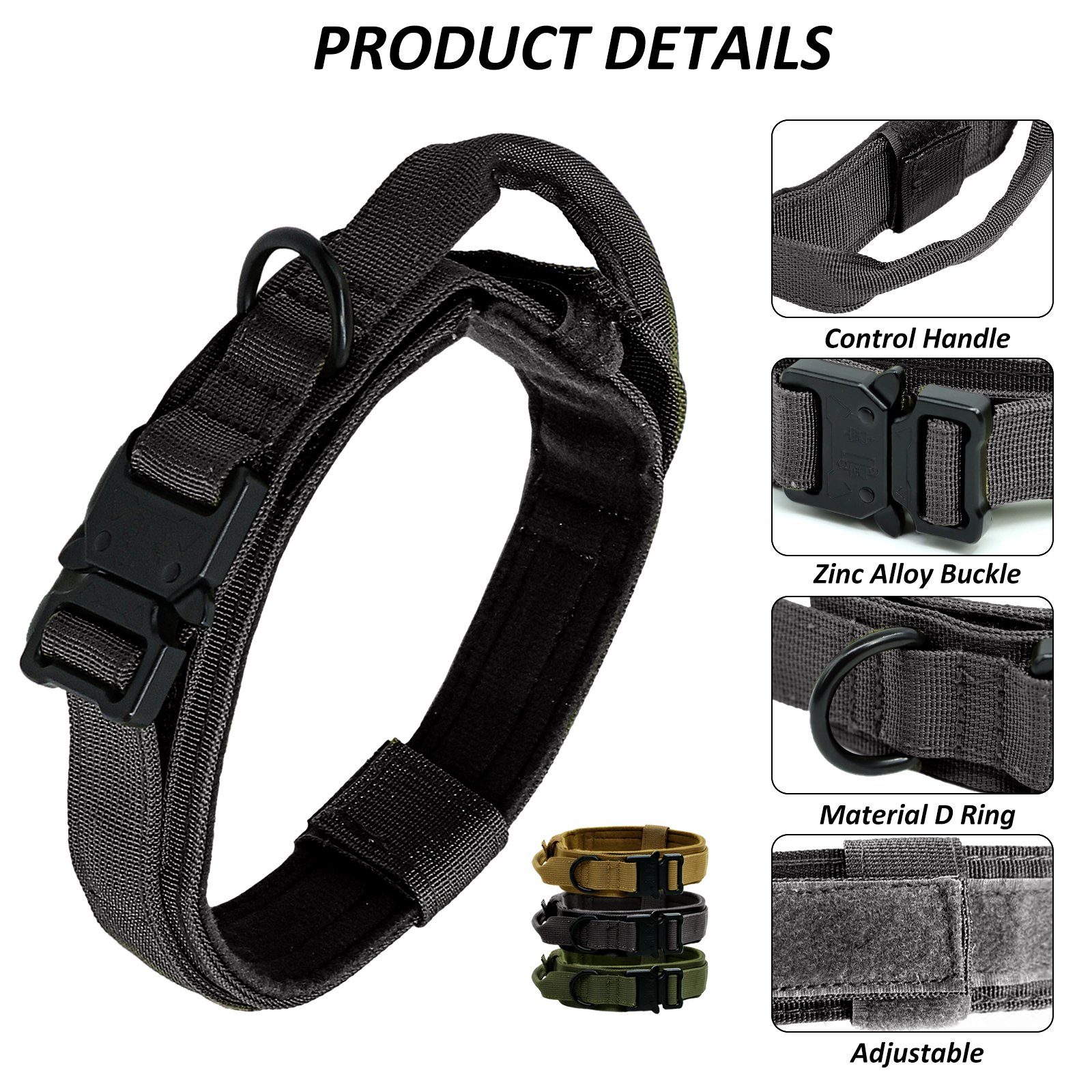 CALIYO Hunde-Halsband Militär Halsband Taktisches Hundehalsband mit Griff, für Mittlere Große Hunde Training Jagd, mit Robuste Metallschnalle