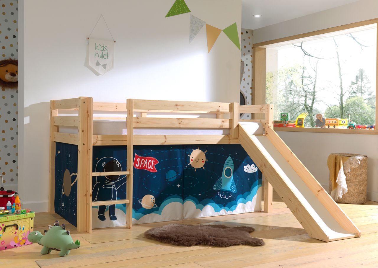 VIPACK Halbhohes Bett PINO, mit Rutsche und Textilset 